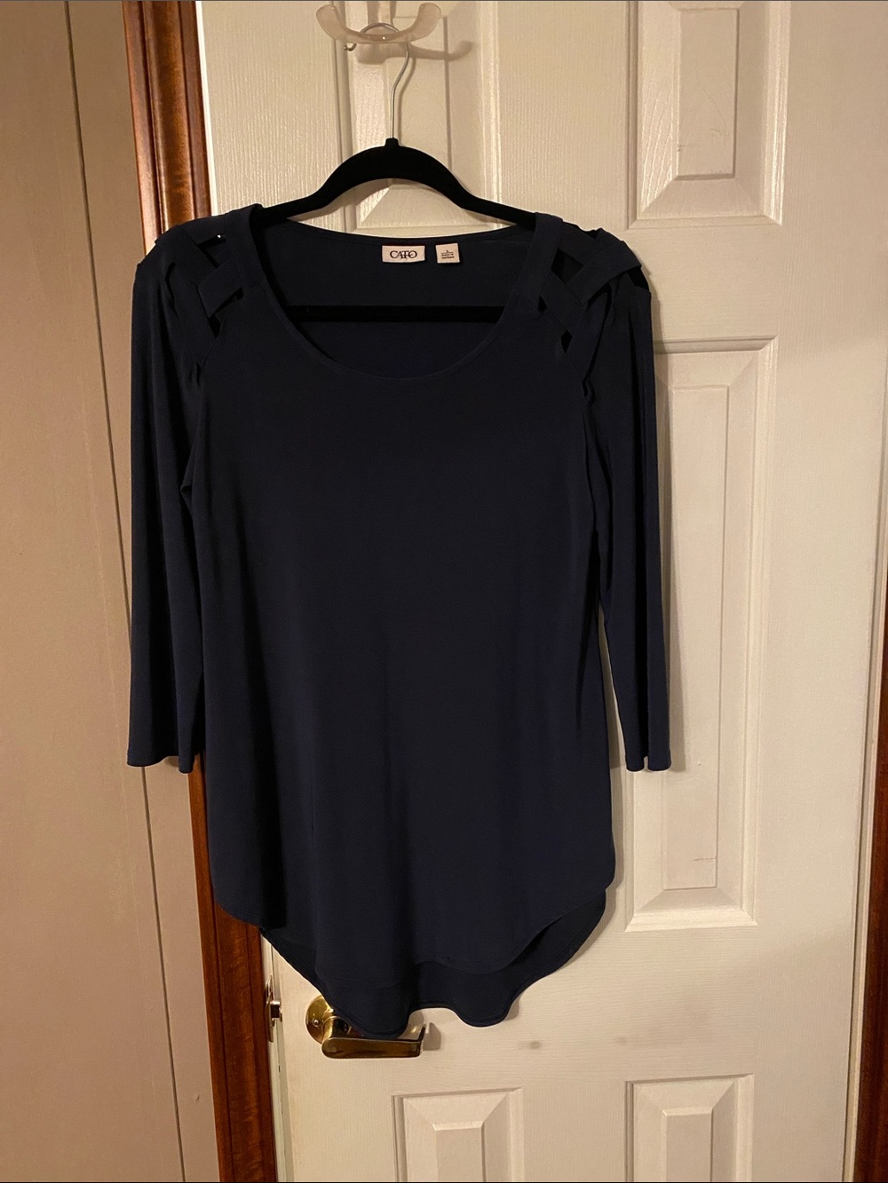 Cato Deep Navy Long-Sleeve Cold-Shoulder Lattice Top